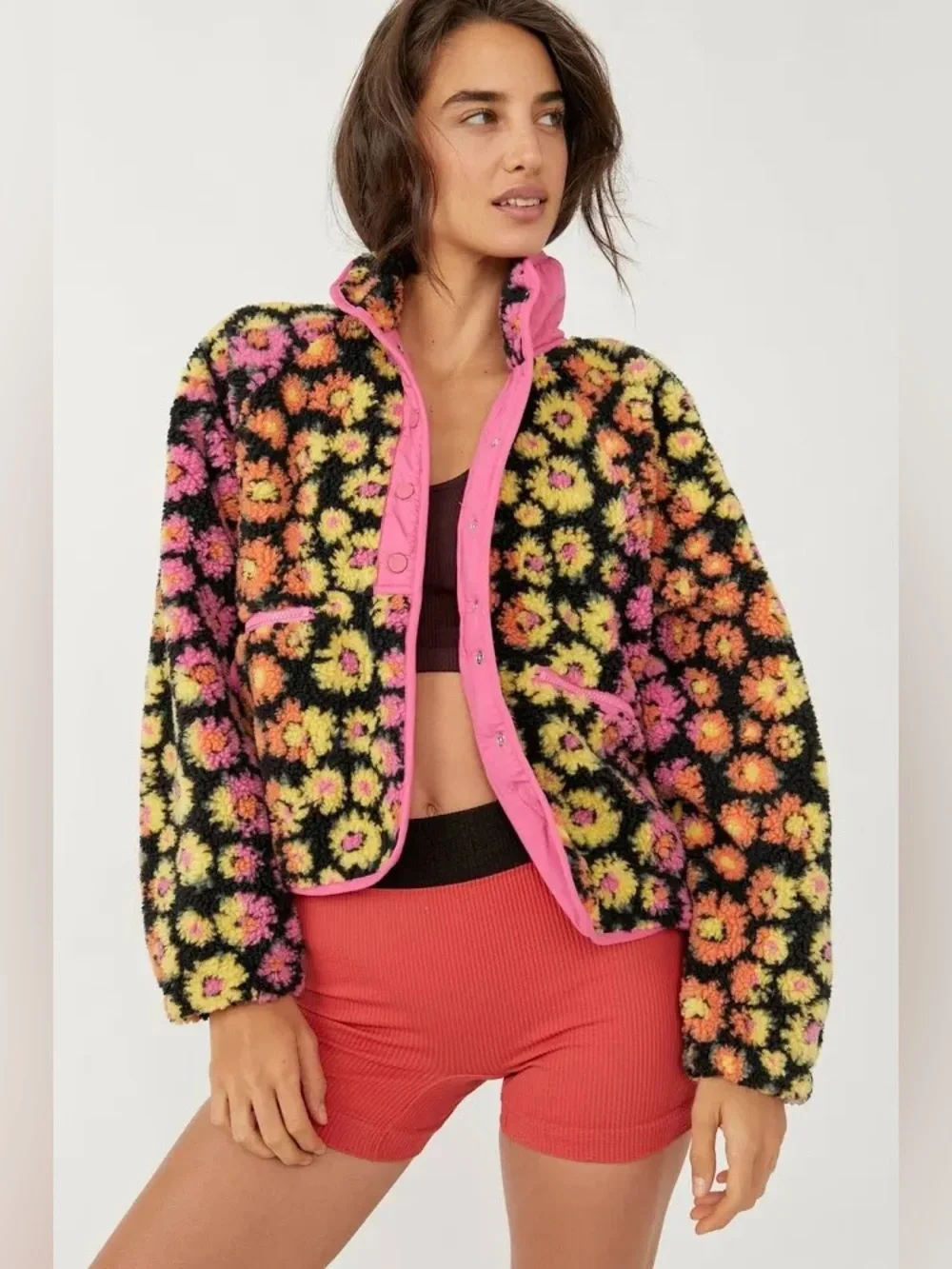 Free People FP Movement Rocky Ridge Fleece Jacket Floral Black Pink XS